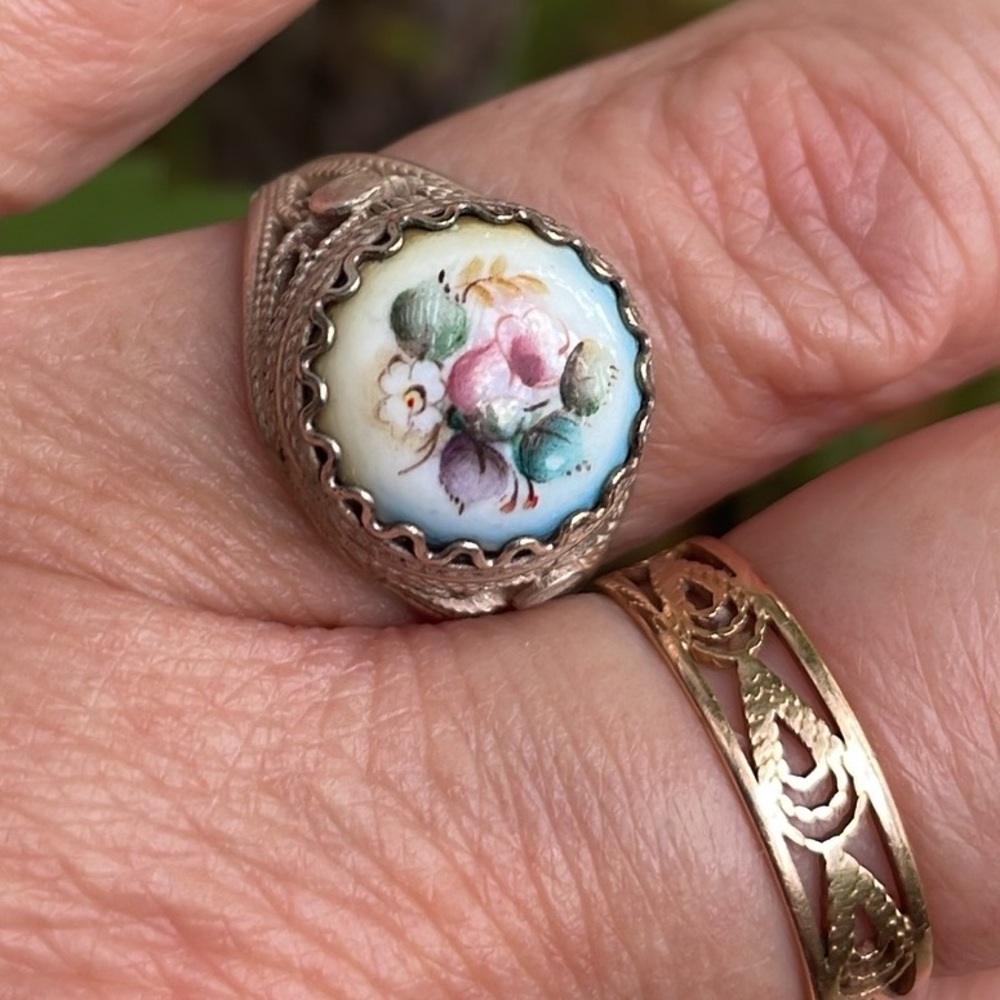 Vintage 70’s silver/enamel Russian handmade and hand painted ring